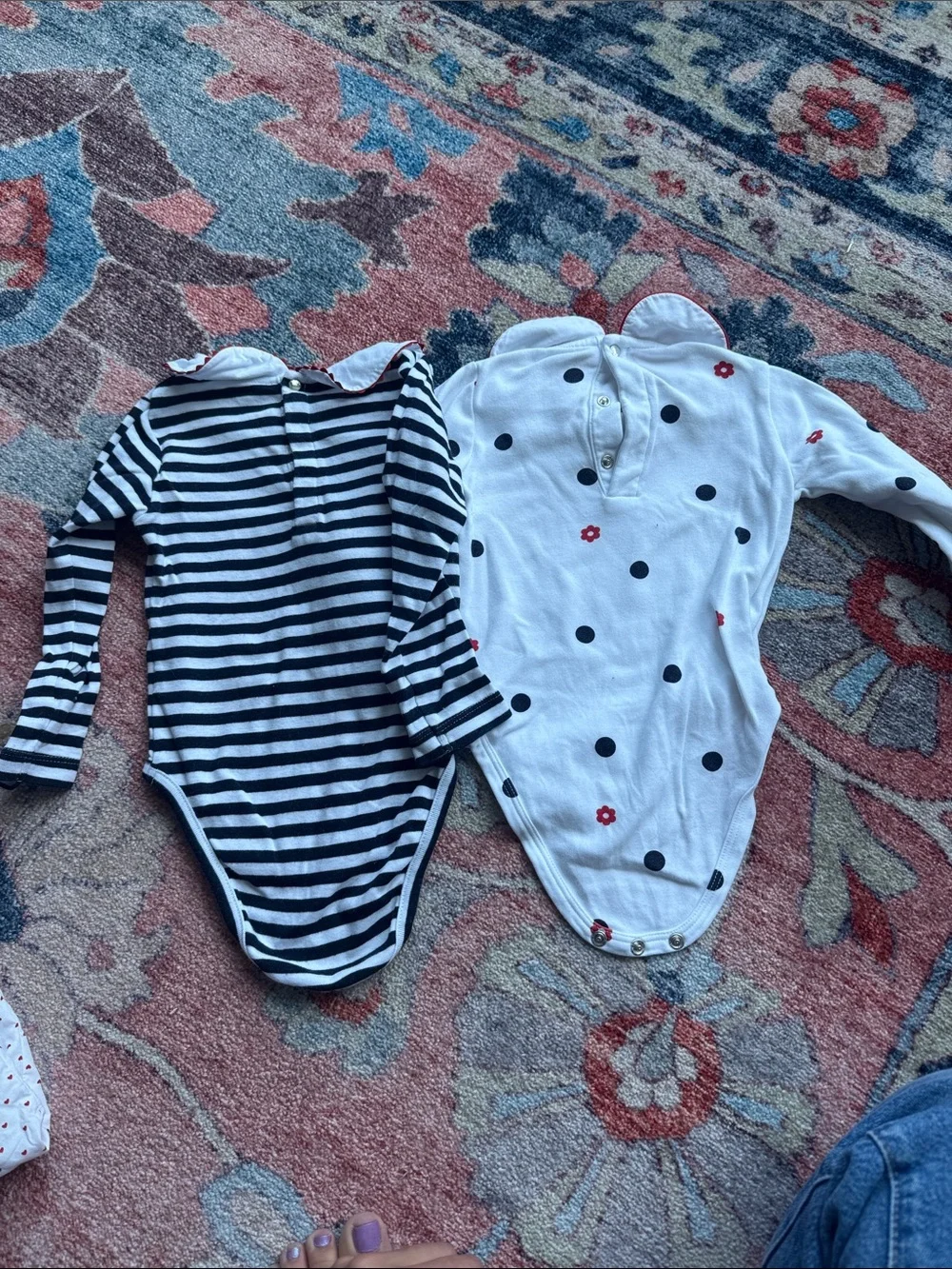 Jacadi- Striped and Polka Dot Peter Pan Collar Baby One-Piece (Black & White)